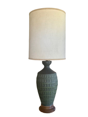 Green and gray brutalist textured ceramic table lamp