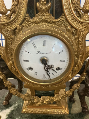 Italian Imperial Gilt Metal & Green Marble Figural Mantel Clock with Cherubs + 2 Candelabras (Made in Italy)