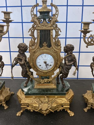 Italian Imperial Gilt Metal & Green Marble Figural Mantel Clock with Cherubs + 2 Candelabras (Made in Italy)