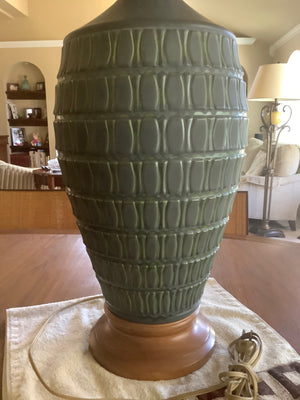 Green and gray brutalist textured ceramic table lamp