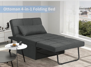 Dark Gray Tufted Convertible 4 In 1 Ottoman Chair Lounge Sofa Twin Bed With Pillow 34” x 25.5”