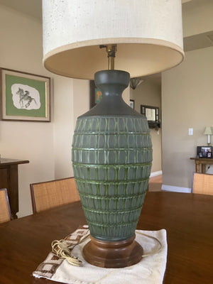 Green and gray brutalist textured ceramic table lamp