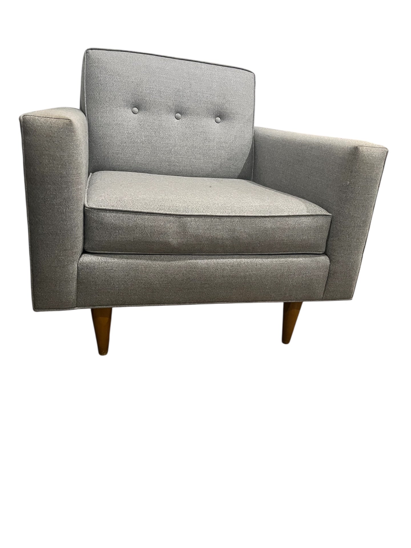 Gray Tufted Mid Century Style Wooden Peg Leg Sofa 72” x 33”