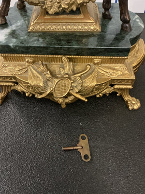 Italian Imperial Gilt Metal & Green Marble Figural Mantel Clock with Cherubs + 2 Candelabras (Made in Italy)