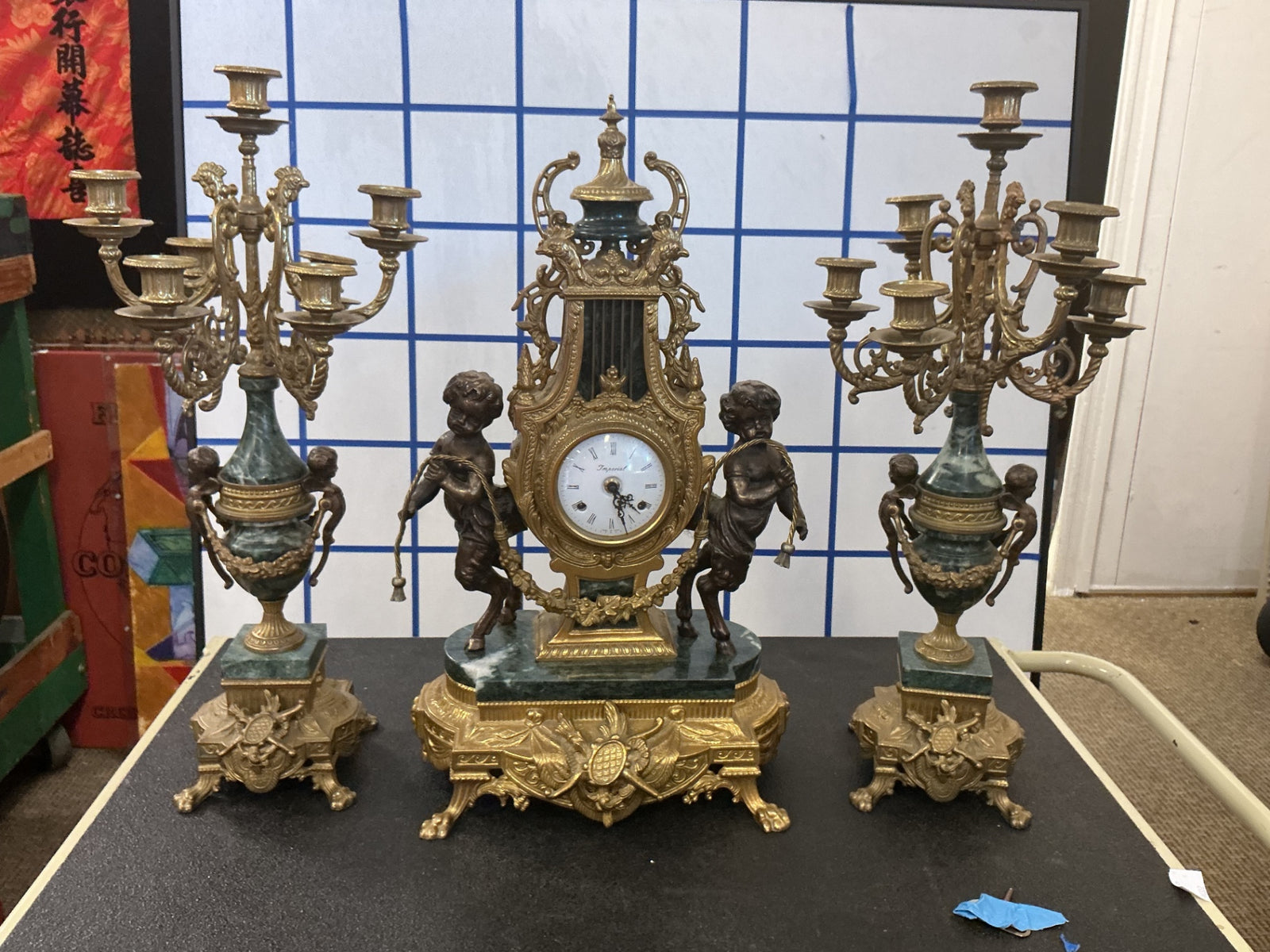 Italian Imperial Gilt Metal & Green Marble Figural Mantel Clock with Cherubs + 2 Candelabras (Made in Italy) 