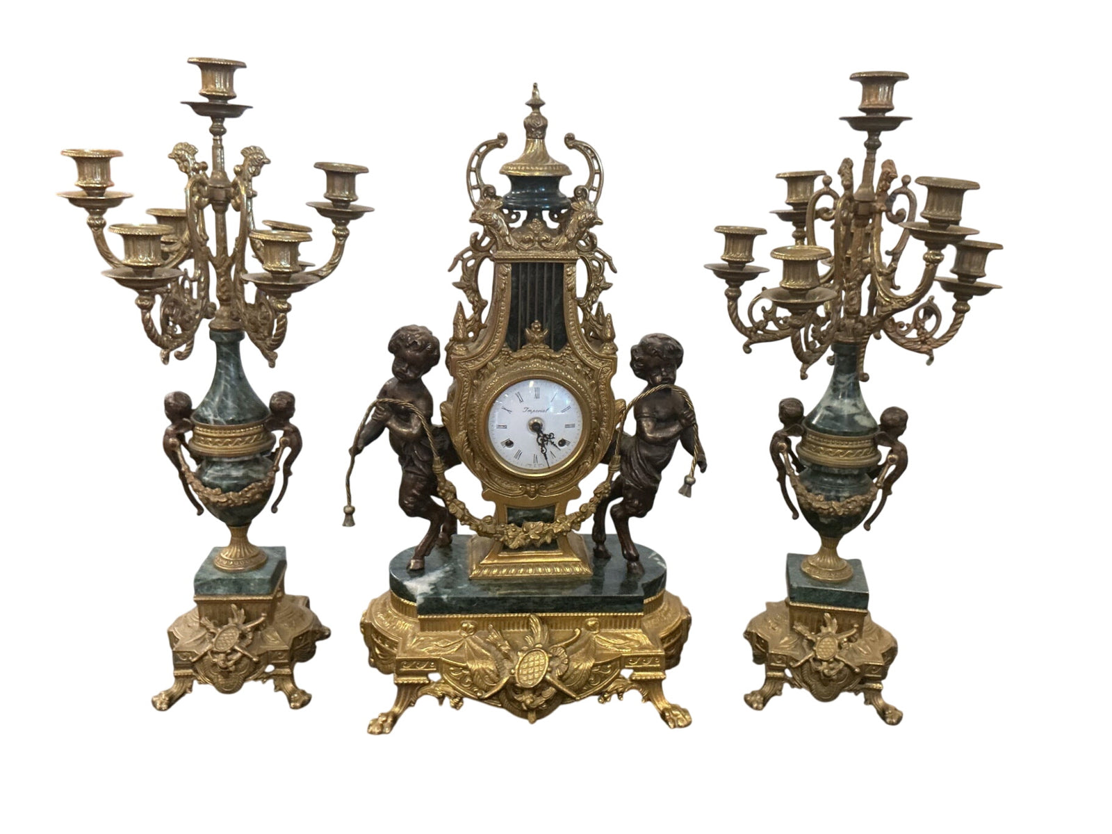 Italian Imperial Gilt Metal & Green Marble Figural Mantel Clock with Cherubs + 2 Candelabras (Made in Italy)