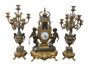 Italian Imperial Gilt Metal & Green Marble Figural Mantel Clock with Cherubs + 2 Candelabras (Made in Italy)