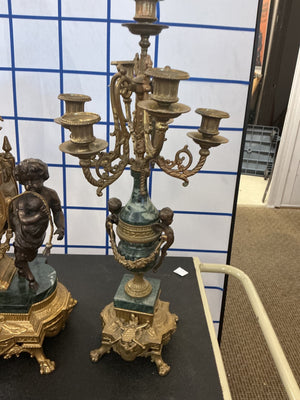 Italian Imperial Gilt Metal & Green Marble Figural Mantel Clock with Cherubs + 2 Candelabras (Made in Italy)