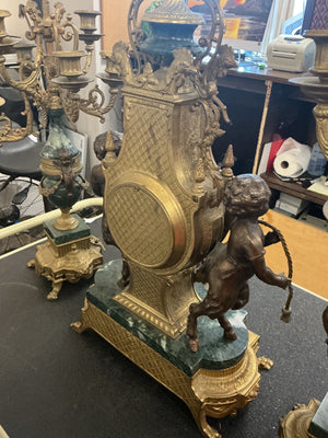 Italian Imperial Gilt Metal & Green Marble Figural Mantel Clock with Cherubs + 2 Candelabras (Made in Italy)