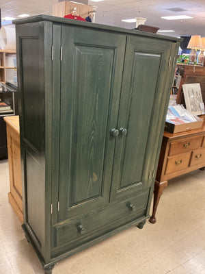 Green stained wood 2 door cabinet with drawer