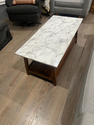 2 Tiered Coffee Table With Faux Marble Top & Wooden Frame