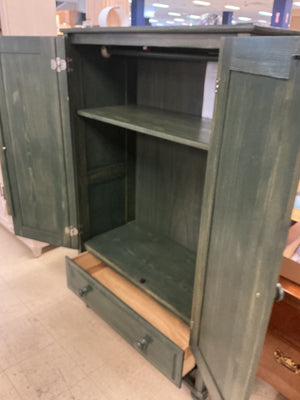 Green stained wood 2 door cabinet with drawer