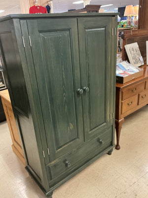 Green stained wood 2 door cabinet with drawer
