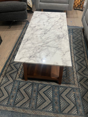 2 Tiered Coffee Table With Faux Marble Top & Wooden Frame