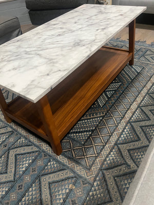 2 Tiered Coffee Table With Faux Marble Top & Wooden Frame