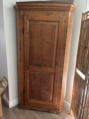 Danish Christian VII Corner Cupboard Hand Made Pine Reeded Door Panel Circa 1806 75” x 39” x 25”