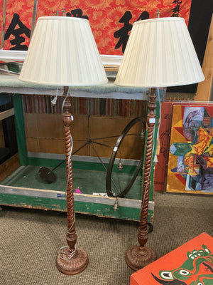 Carved Wood Barley Twist Floor Lamps with Pleated Shades  (Pair)