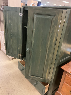 Green stained wood 2 door cabinet with drawer
