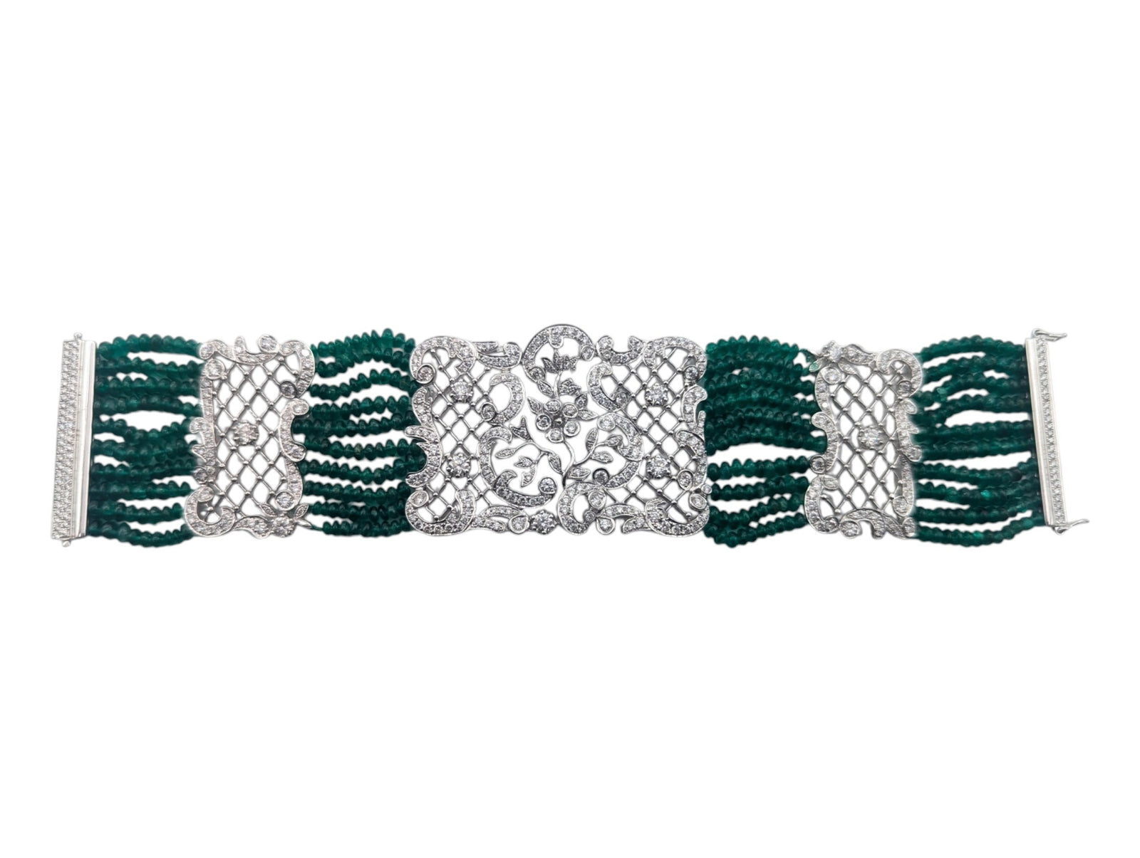 Bracelet 18k White Gold w/ Diamonds & Beaded Emeralds