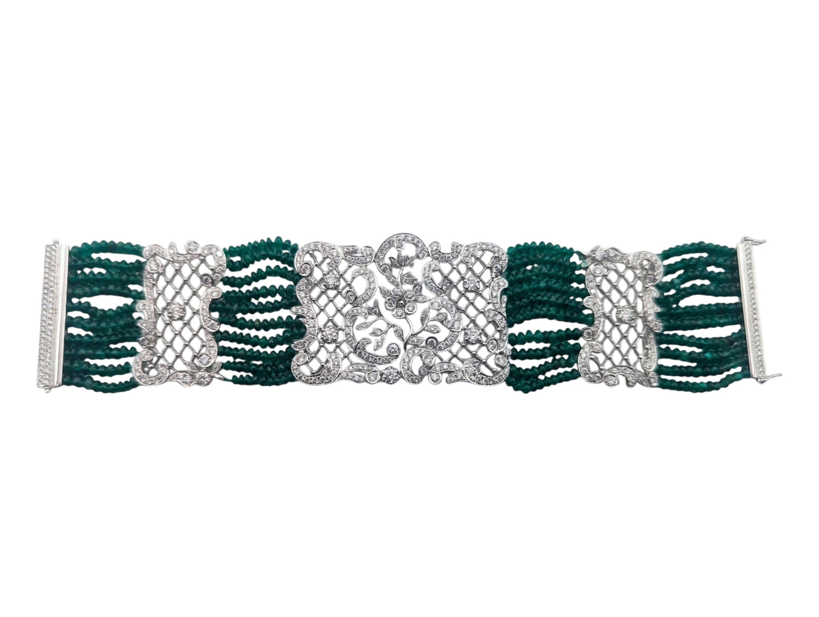 Bracelet 18k White Gold w/ Diamonds & Beaded Emeralds