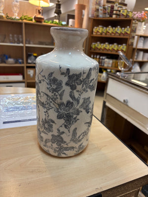 Gray And White Floral Ceramic 11” Vase
