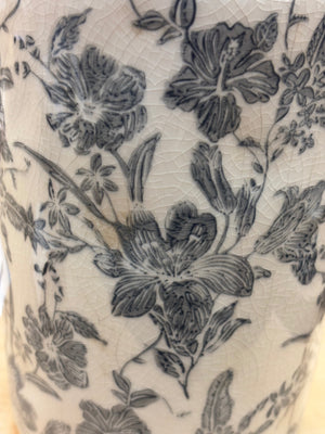 Gray And White Floral Ceramic 11” Vase