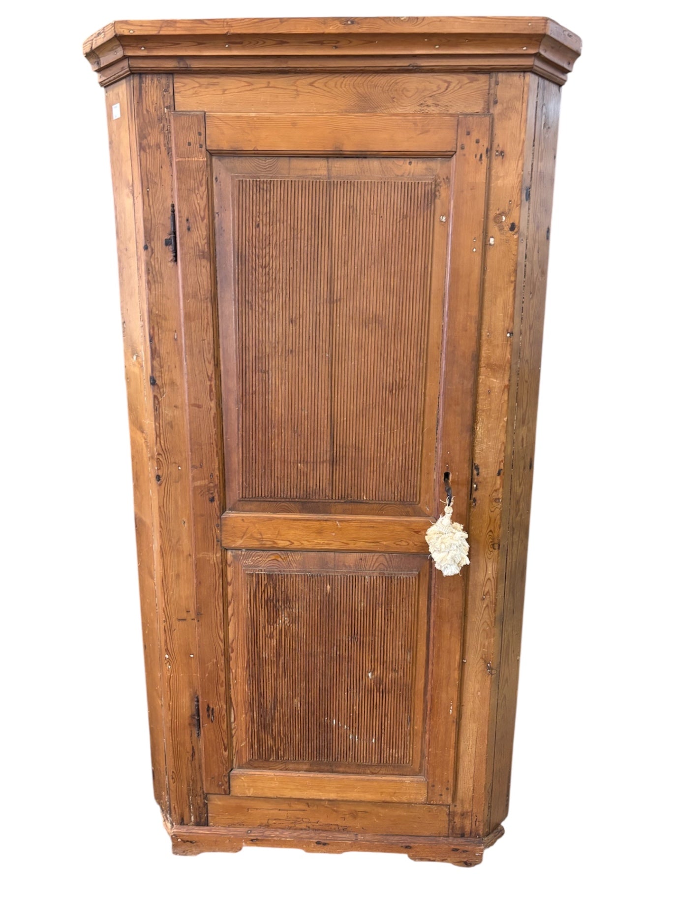 Danish Christian VII Corner Cupboard Hand Made Pine Reeded Door Panel Circa 1806 75” x 39” x 25”