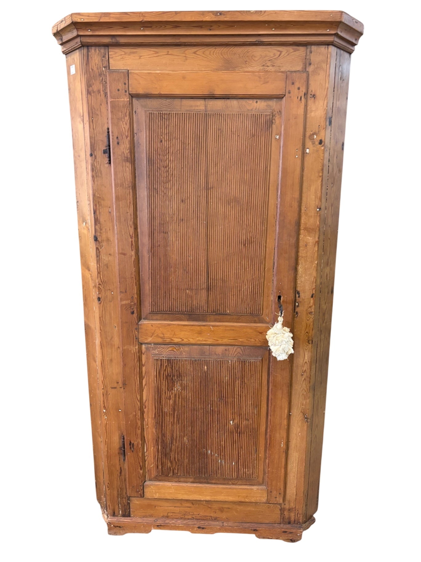 Danish Christian VII Corner Cupboard Hand Made Pine Reeded Door Panel Circa 1806 75” x 39” x 25”