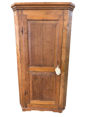 Danish Christian VII Corner Cupboard Hand Made Pine Reeded Door Panel Circa 1806 75” x 39” x 25”