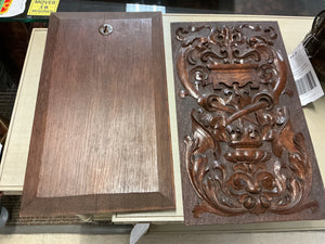 French Walnut Carved Relief Panels 19th Century (Swordfish Emblem) PAIR 10" x 18"