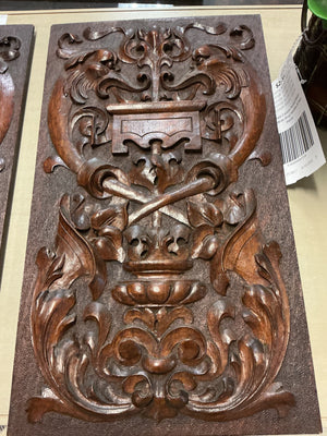 French Walnut Carved Relief Panels 19th Century (Swordfish Emblem) PAIR 10" x 18"