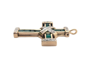 Pendant 18k Yellow Gold Crucifix w/ Emeralds & Diamonds