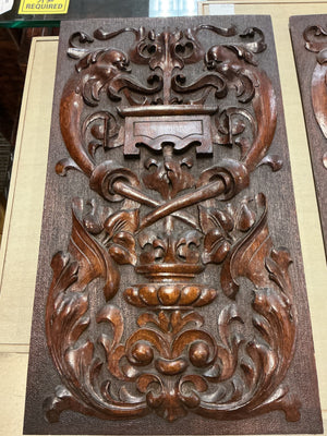 French Walnut Carved Relief Panels 19th Century (Swordfish Emblem) PAIR 10" x 18"