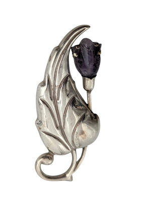 Brooch Sterling Silver Large Leaf w/ Amethyst TAXCO