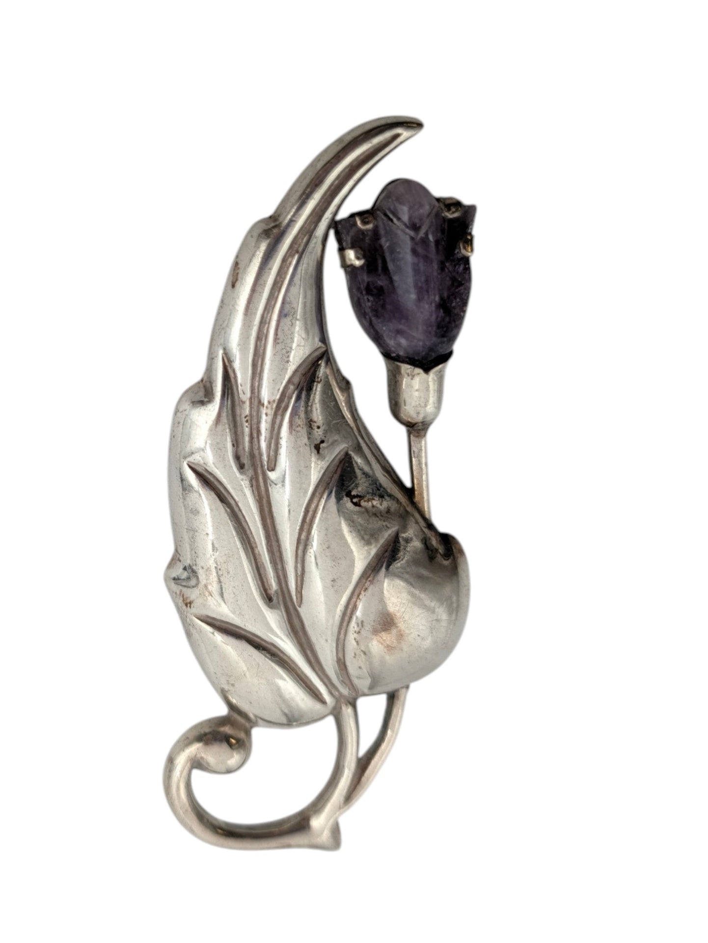 Brooch Sterling Silver Large Leaf w/ Amethyst TAXCO