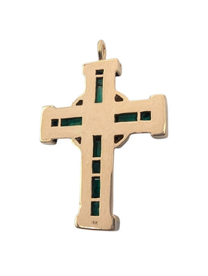 Pendant 18k Yellow Gold Crucifix w/ Emeralds & Diamonds