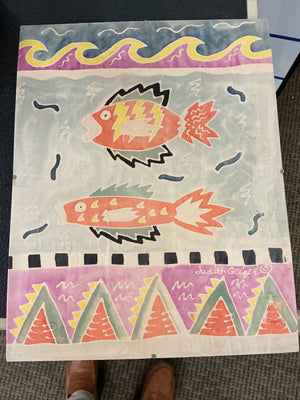 Judith Geiger Signed “Fish” Folk Art Painting, 11" x 14"