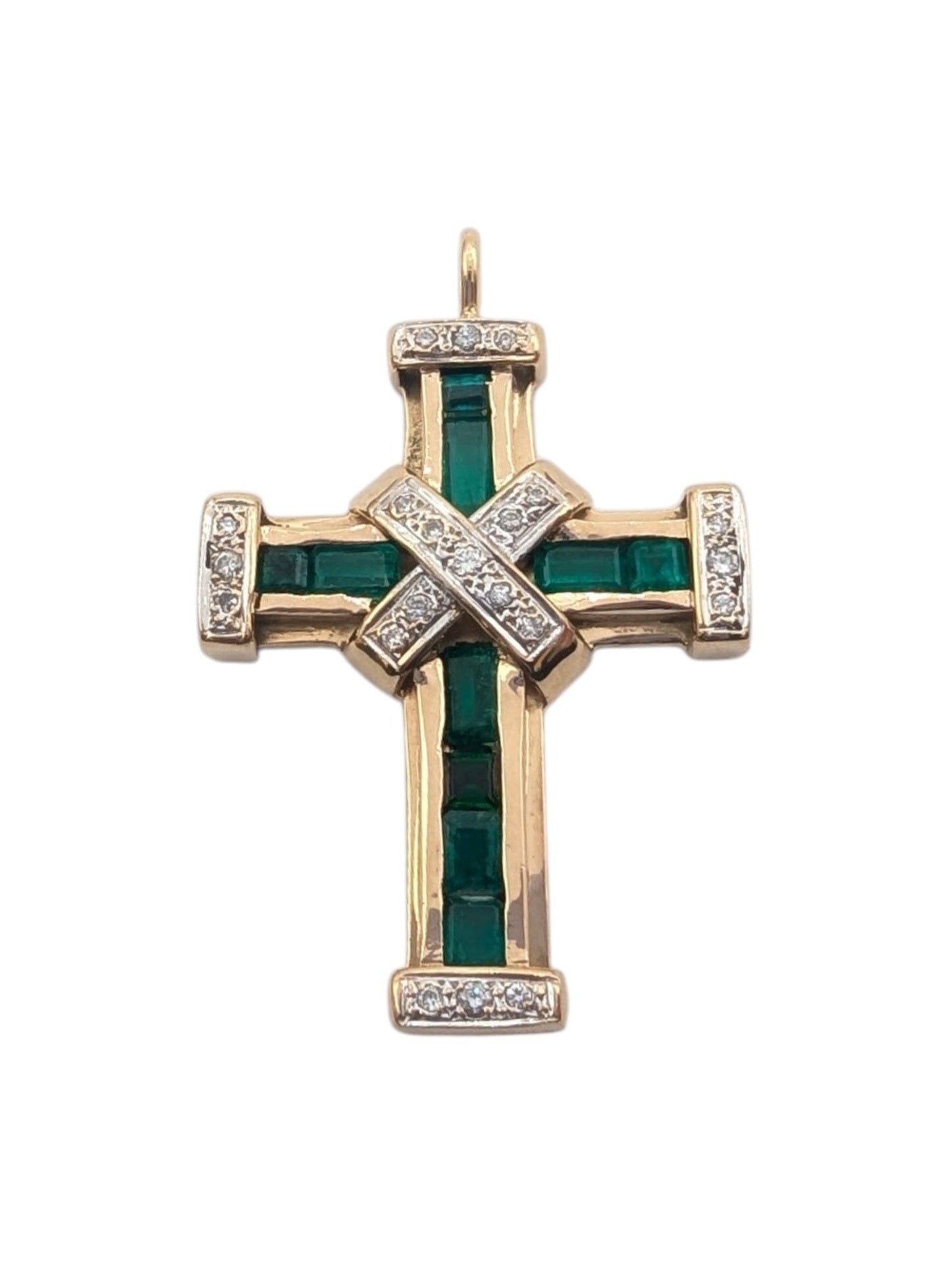 Pendant 18k Yellow Gold Crucifix w/ Emeralds & Diamonds