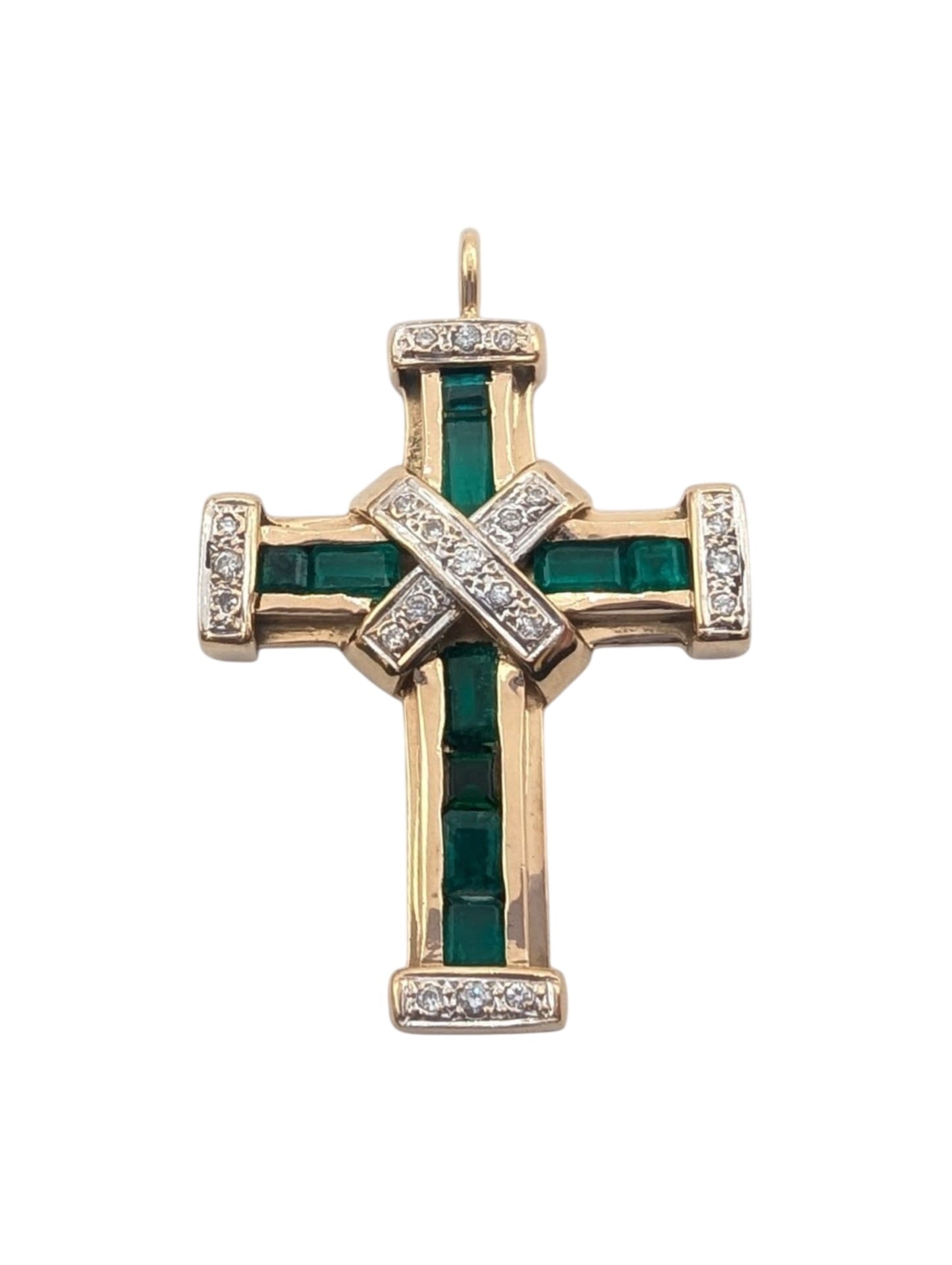 Pendant 18k Yellow Gold Crucifix w/ Emeralds & Diamonds