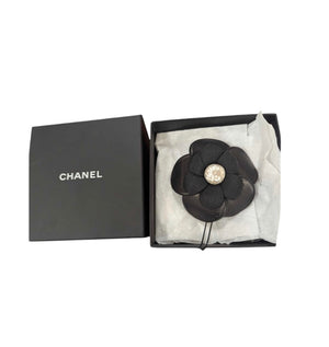 CHANEL Leather Camelia Flower Brooch New With Original Box