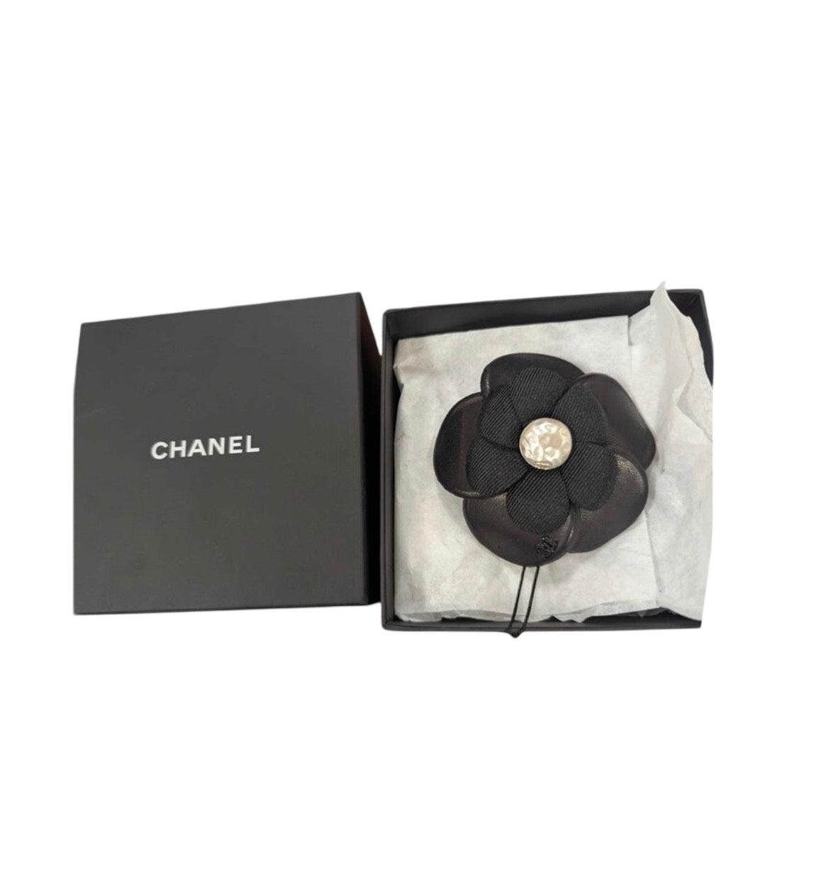 CHANEL Leather Camelia Flower Brooch New With Original Box