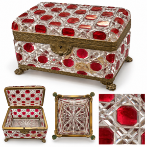 Antique Ruby Cut-to-Clear Glass Jewelry Box with Brass Mounts, 7” × 6”
