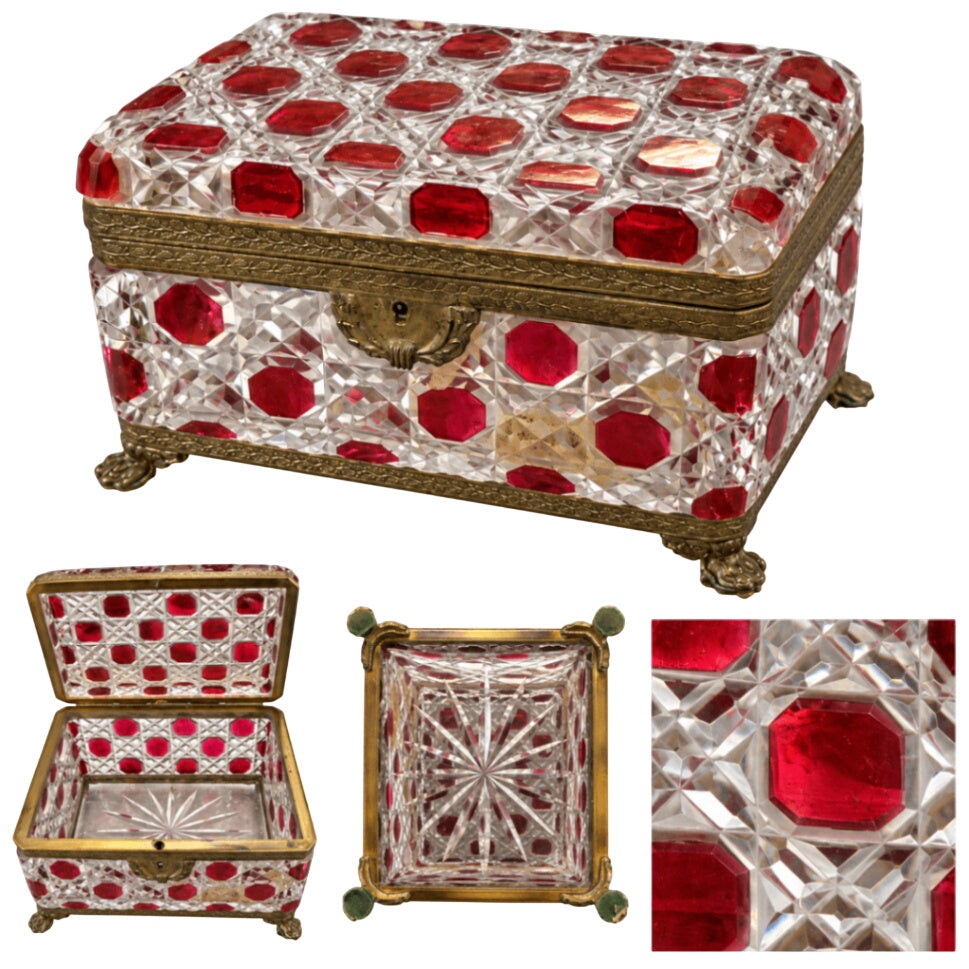 Antique Ruby Cut-to-Clear Glass Jewelry Box with Brass Mounts, 7” × 6”