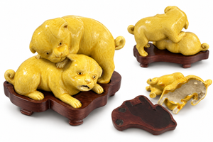 Yellow Glazed Ceramic Playful Puppies on Wood Stand