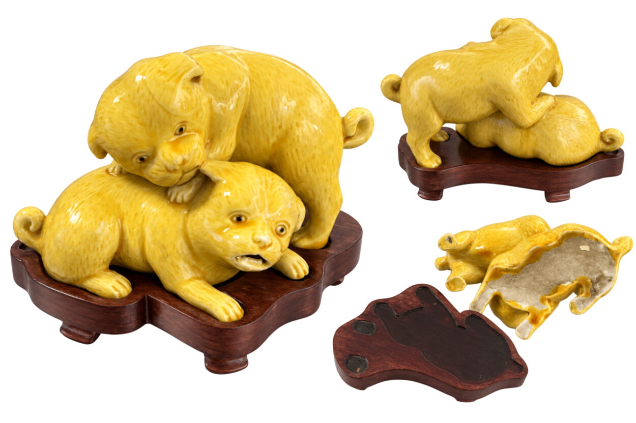 Yellow Glazed Ceramic Playful Puppies on Wood Stand