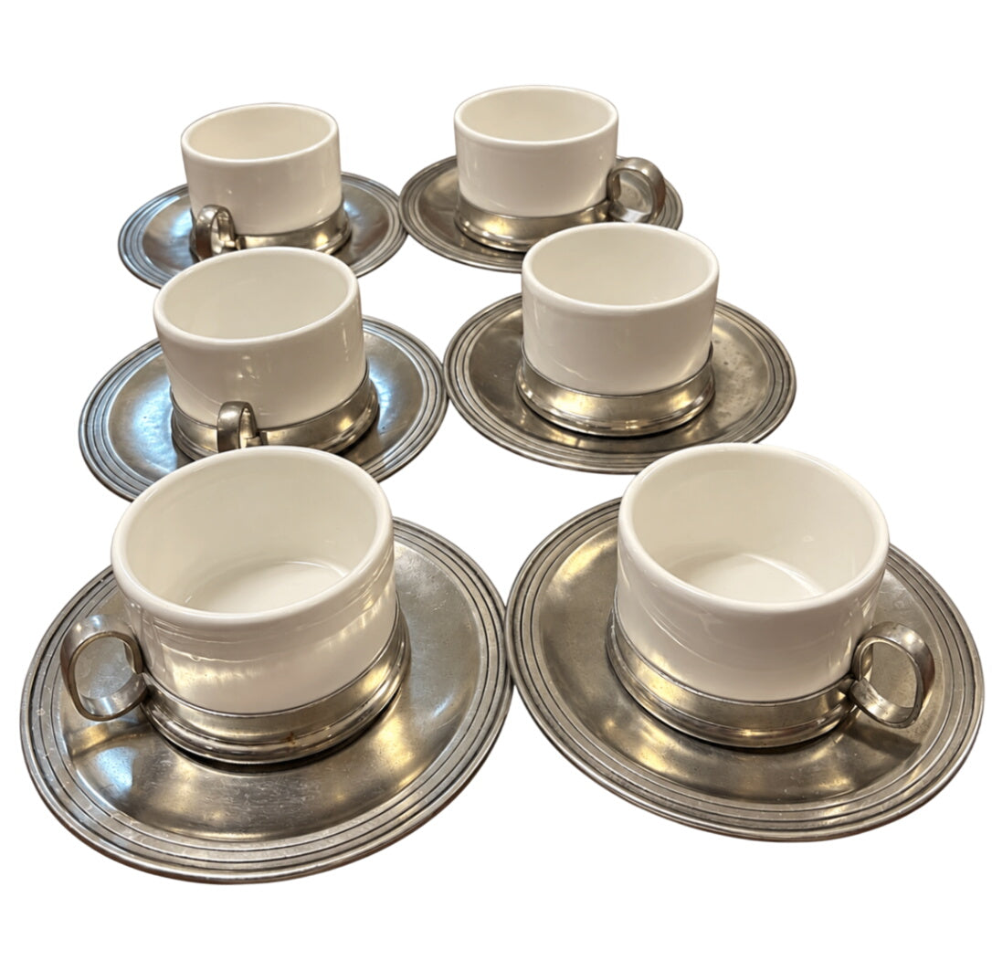 Arte Italica Tuscan Italian Ceramic & Pewter Cappuccino Cups & Saucers – Set of 6