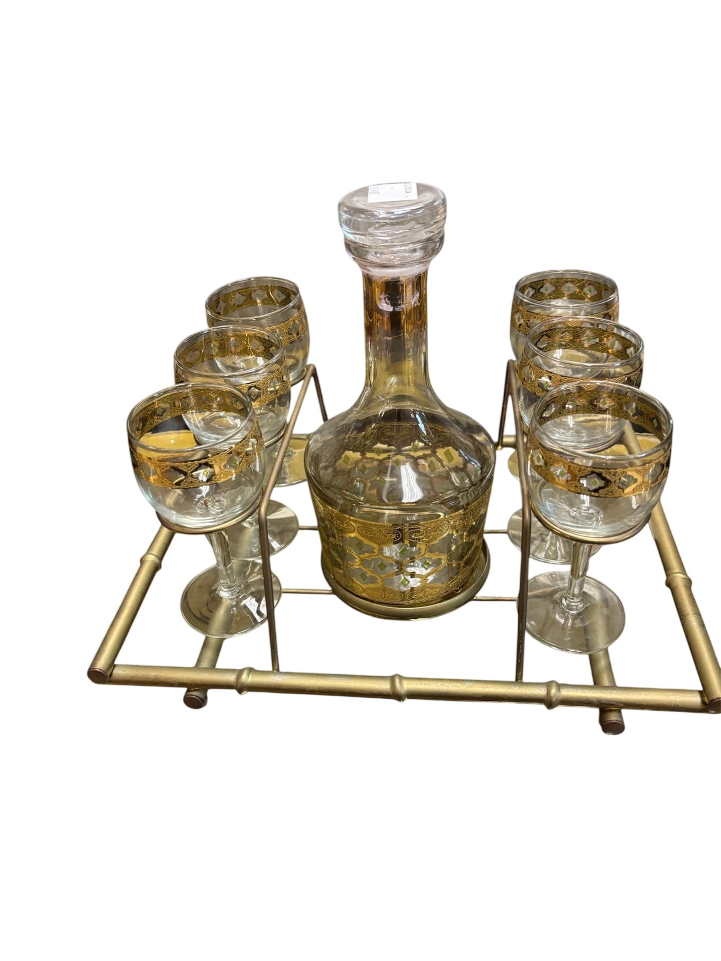 Mid Century Culver Valencia Decanter & Wine Glasses In Tray Bar Set 22 Karat Gold Design Vintage Cocktail 8 Piece Set