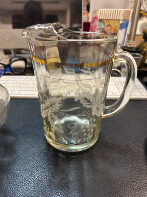 Vintage Mid Century Bartlett-Collins Frosted Grapevine Glass Juice Pitcher  Gold trim Ice Lip 7"