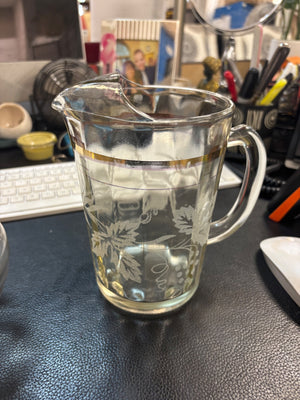 Vintage Mid Century Bartlett-Collins Frosted Grapevine Glass Juice Pitcher  Gold trim Ice Lip 7"