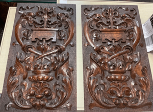 French Walnut Carved Relief Panels 19th Century (Swordfish Emblem) PAIR 10" x 18"